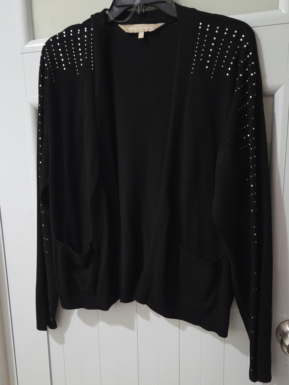 Black Women's Open-Front Sweater Cardigan with Stud Detail